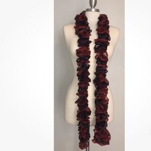 CROCHETED Red/Burgundy With Silver Shimmers Multi Fashion Ruffle Scarf 60”
